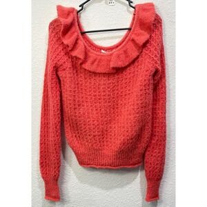 Anthropologie Women Ruffle Boat Neck Fuzzy Knit Sweater Coral Cottagecore Small